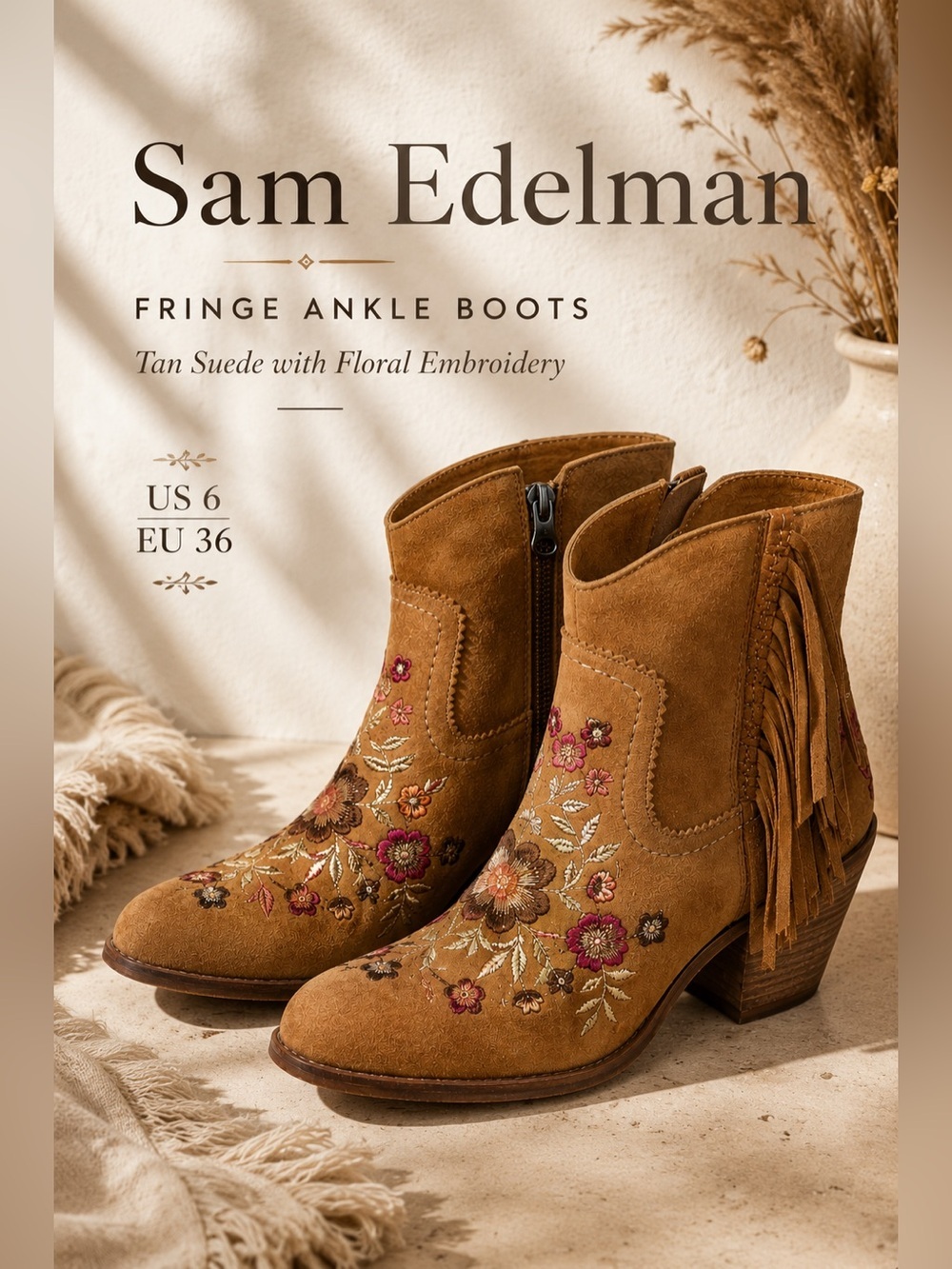 Sam Edelman Tan Suede Embroidered Fringe Western Ankle Boots Women’s US 6